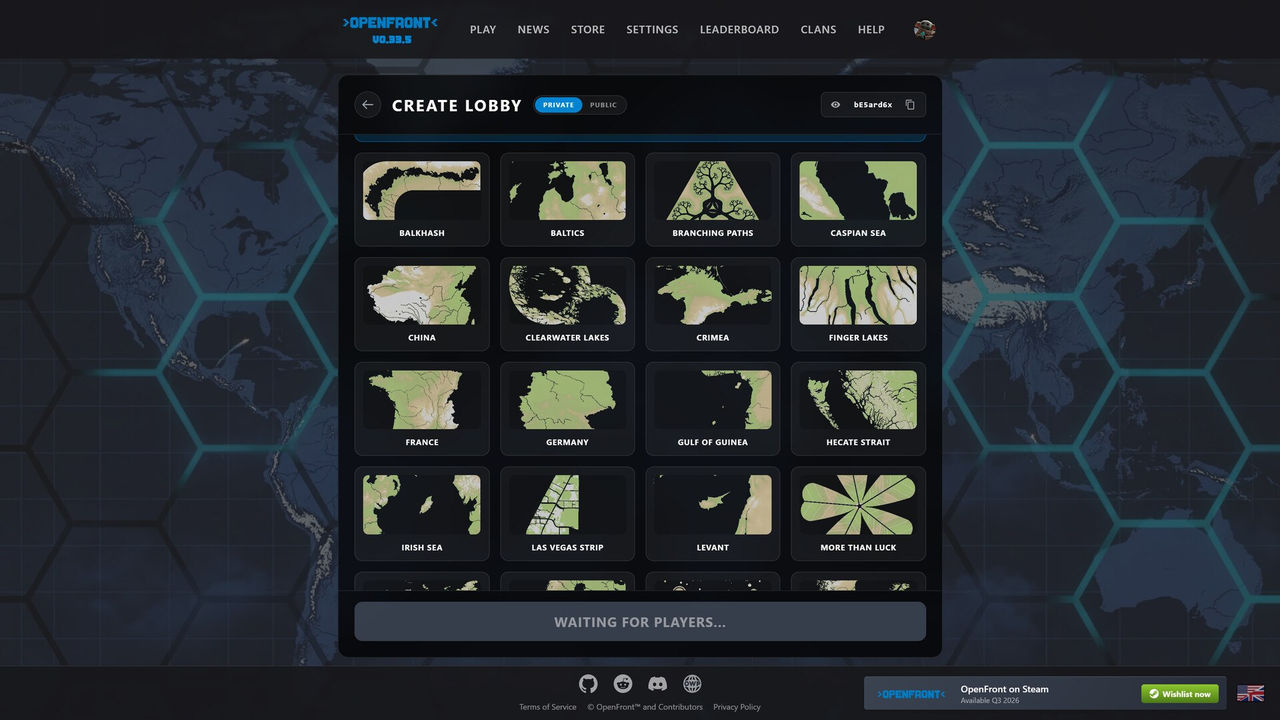 OpenFront official screenshot showing terrain and infrastructure